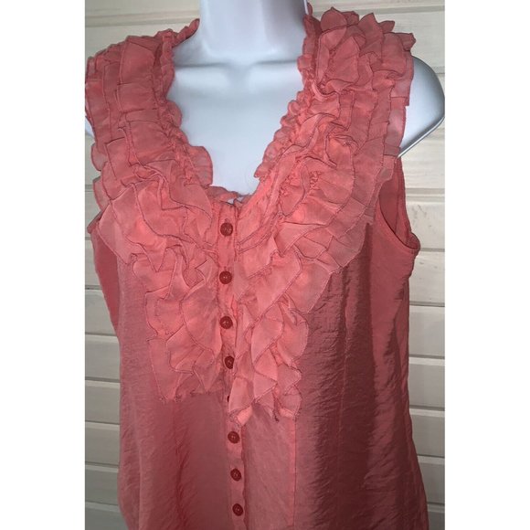 ANTILIA FEMME Sz LARGE Peach Ruffled Neck Sleeveless Peasant Blouse Boho EUC - Picture 1 of 9